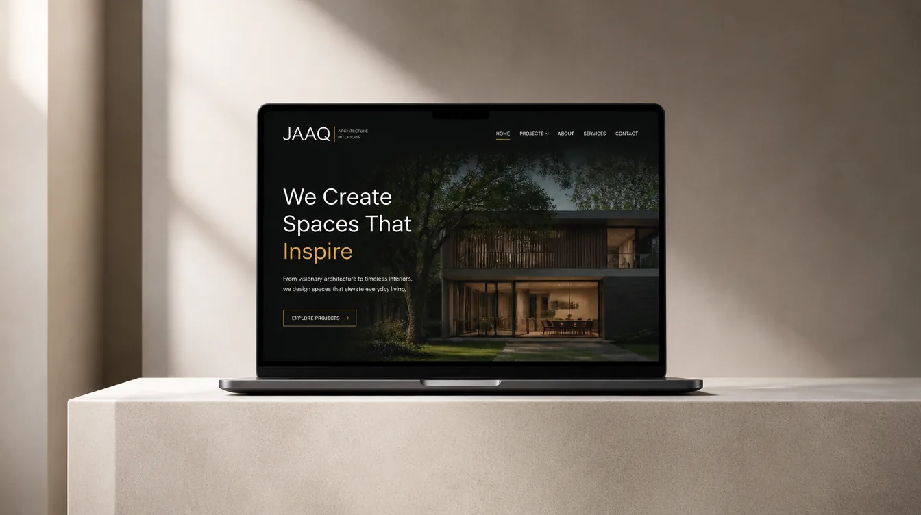 Site de arquitetura apresentado em um laptop sobre bloco de concreto